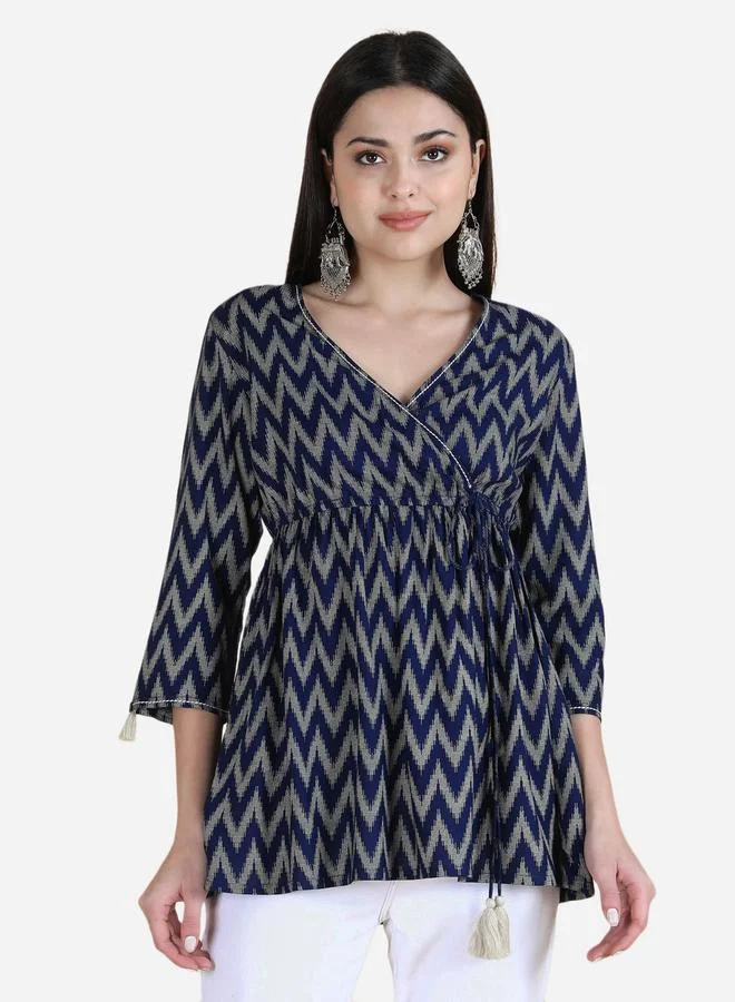 KASYA Blue Viscose Chevron Print Top