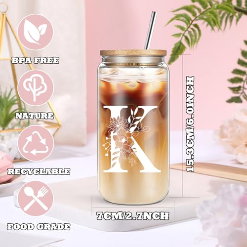 DHQH Unique Initial Glass Cup with Lids and Straws, Monogrammed Gifts Box Included Makeup Bag, Valentines Day Mothers Day Birthday Gifts for Women Mom Sister Grandma, K - Image 2