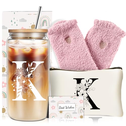 DHQH Unique Initial Glass Cup with Lids and Straws, Monogrammed Gifts Box Included Makeup Bag, Valentines Day Mothers Day Birthday Gifts for Women Mom Sister Grandma, K - Image 1