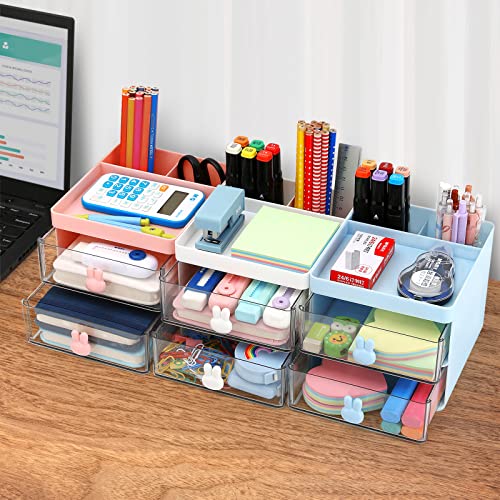 LETURE Small Desk Organizer With Drawer, Office Desktop Storage Box, Business Card/Pen/Pencil/Mobile Phone/Stationery Holder Storage Box, Makeup Organizer for Office School Home (White) - Image 3