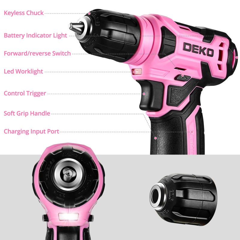 DEKOPRO 8V Cordless Drill, Drill Set with 3/8"Keyless Chuck, 42pcs Acessories, Built-in LED, Type-C Charge Cable, Pink Power Drill for Drilling and Tightening/Loosening Screws - Image 2