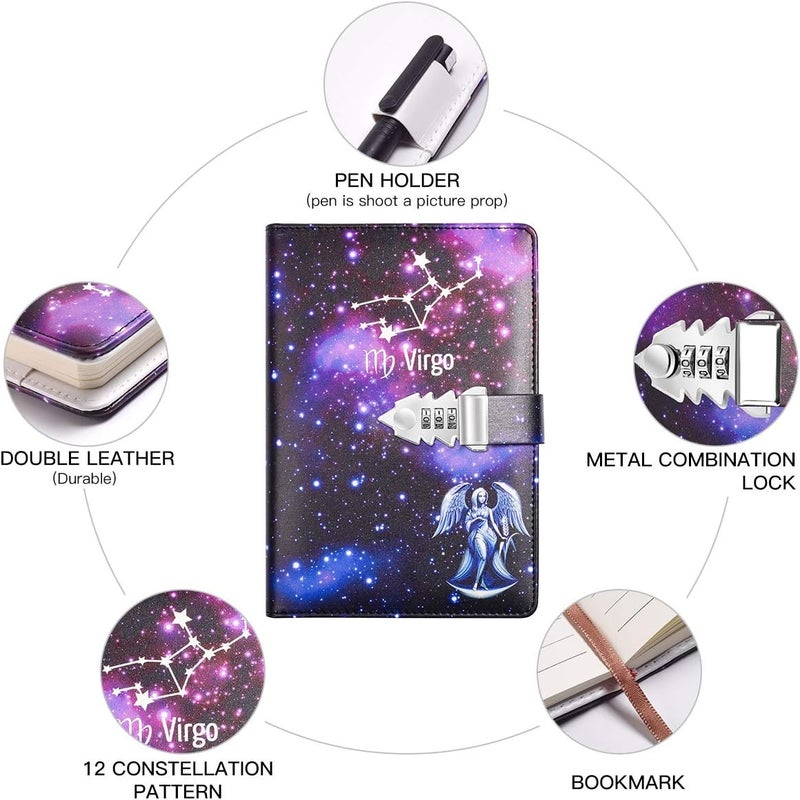 ARRLSDB A5 Creative Password Lock Journal PU Leather Combination Lock Diary Locking Diary Notepad (Virgo) - Image 5