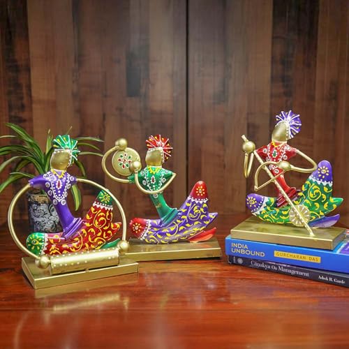 Ekhasa Nostrae Metal Show Pieces for Home Decor | Gift Items for Showcase, TV Unit Decoration | Statue, Figurines, Artifacts for Table, Living Room Decor Items (Gold Rajasthani Musicans - Set of 3) - Image 1