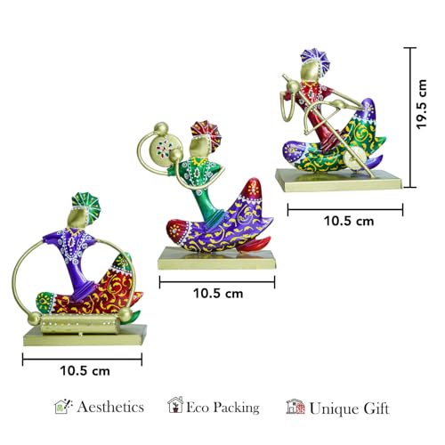 Ekhasa Nostrae Metal Show Pieces for Home Decor | Gift Items for Showcase, TV Unit Decoration | Statue, Figurines, Artifacts for Table, Living Room Decor Items (Gold Rajasthani Musicans - Set of 3) - Image 2