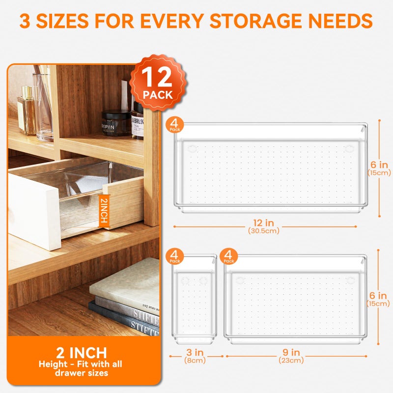 Criusia 12 Pack Large Clear Plastic Drawer Organizer Trays | Multi-Use Acrylic Drawer Storage For Kitchen  Bathroom  Makeup  Office  School  Undies | College Dorm Room  Home Apartment Essentials - Image 2