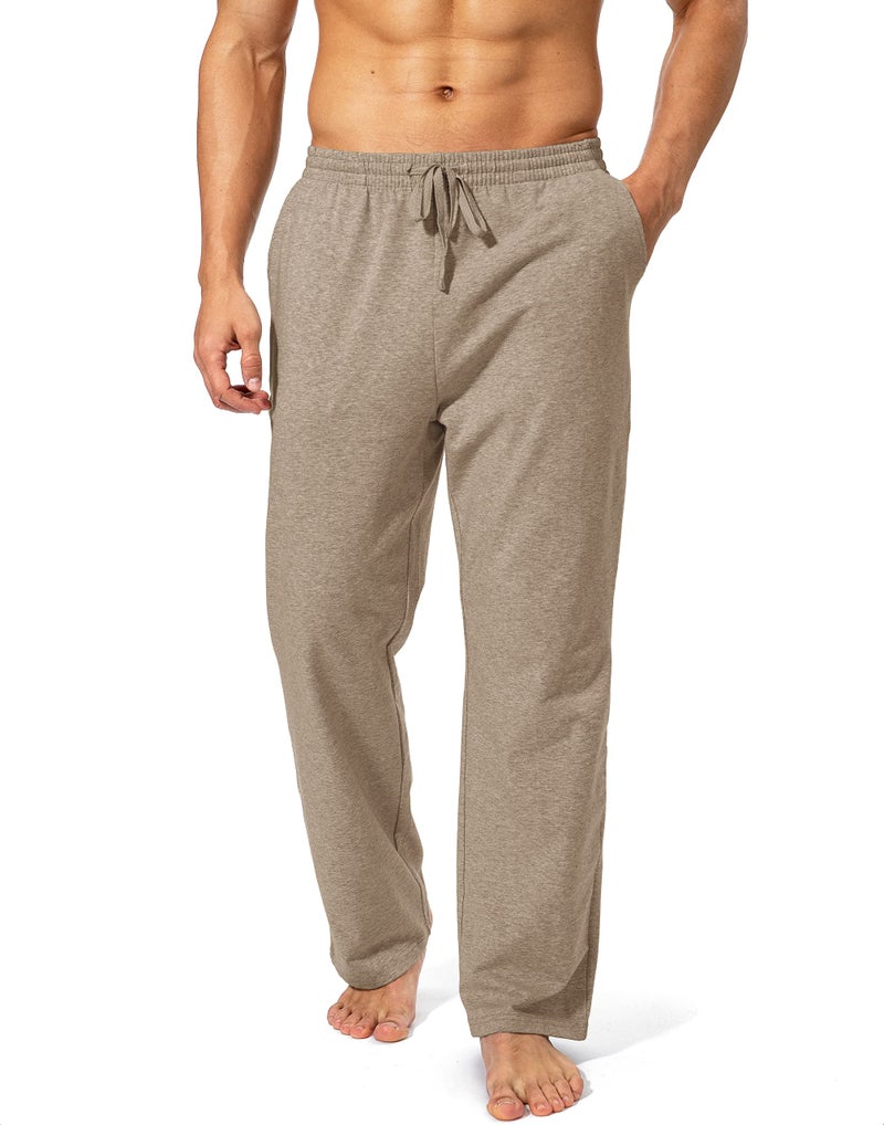 Pudolla Men's Cotton Yoga Sweatpants Athletic Lounge Pants Open Bottom Casual Jersey Pants for Men with Pockets (Khaki Large) - Image 2