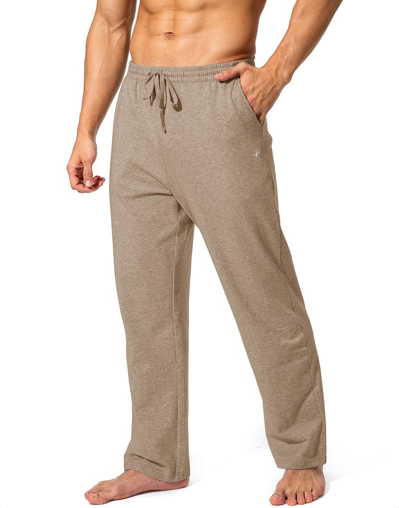 Pudolla Men's Cotton Yoga Sweatpants Athletic Lounge Pants Open Bottom Casual Jersey Pants for Men with Pockets (Khaki Large) - Image 1
