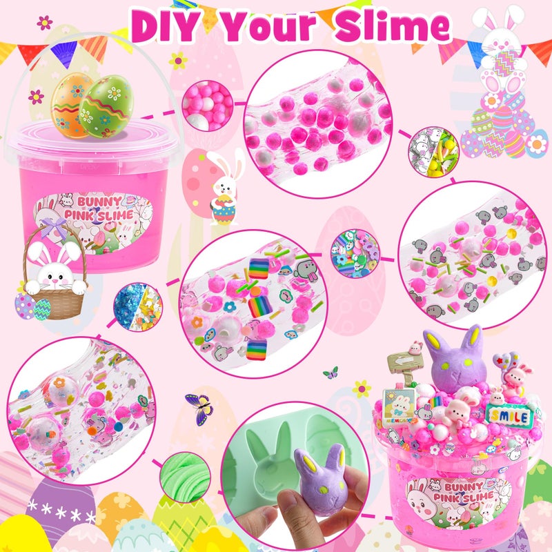 LAWOHO 300ml Bunny Slime Kit, Pink Clear Slimes for Kids Party Favors with 10 Add-Ins, Non Stick Slimes with Easter Eggs Clay, Easter Basket Stuffers for Kids Birthday Christmas, Pink Slime Making Kit - Image 4
