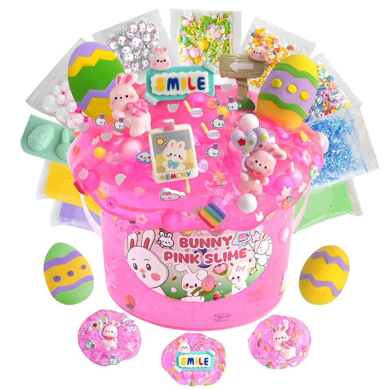 LAWOHO 300ml Bunny Slime Kit, Pink Clear Slimes for Kids Party Favors with 10 Add-Ins, Non Stick Slimes with Easter Eggs Clay, Easter Basket Stuffers for Kids Birthday Christmas, Pink Slime Making Kit - Image 1