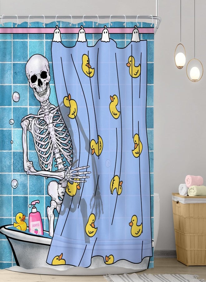Riyidecor Funny Gothic Skull Shower Curtain 60Wx72H Inch Kids Spooky Skeleton in Bathtub Bathing Rubber Duck Cool Hilarious Modern Boys Bathroom Decor Fabric Polyester Waterproof 12 Pack Hooks - Image 2