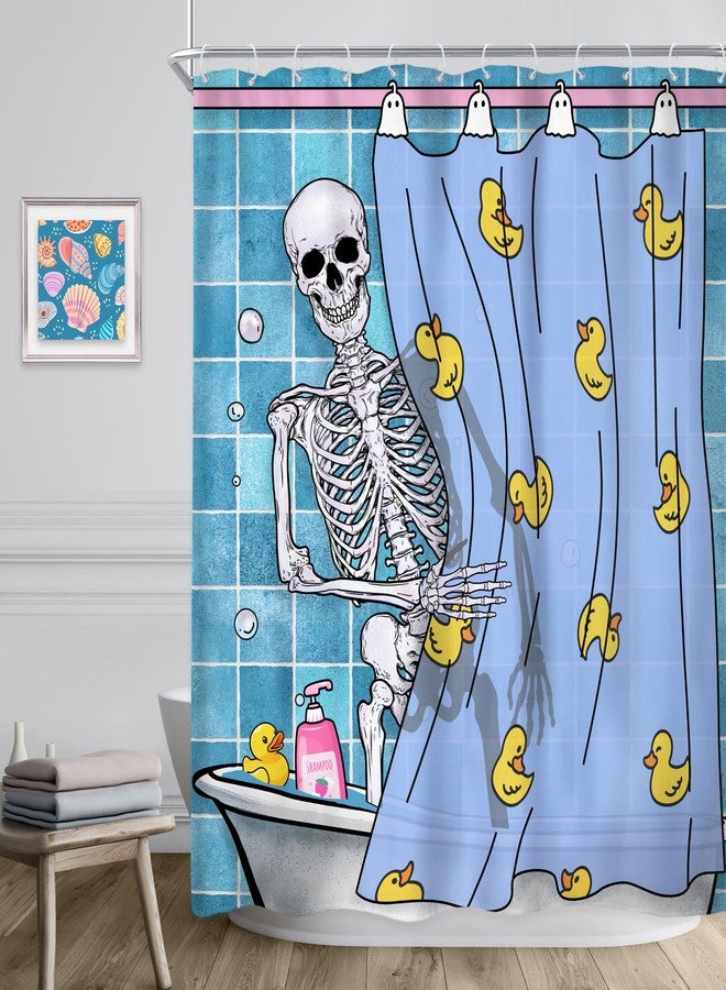 Riyidecor Funny Gothic Skull Shower Curtain 60Wx72H Inch Kids Spooky Skeleton in Bathtub Bathing Rubber Duck Cool Hilarious Modern Boys Bathroom Decor Fabric Polyester Waterproof 12 Pack Hooks - Image 3