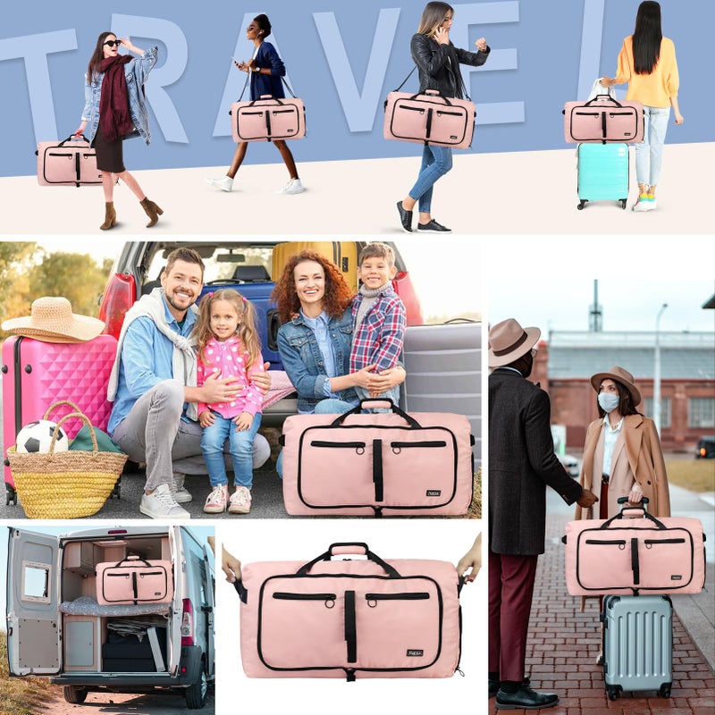 Fmeida 65L Duffle Bag with Shoes Compartment, Foldable Travel Duffel Bags for Men Women, Large Packable Travel Bag Water Repellent & Tear Resistant (Light Pink) - Image 2