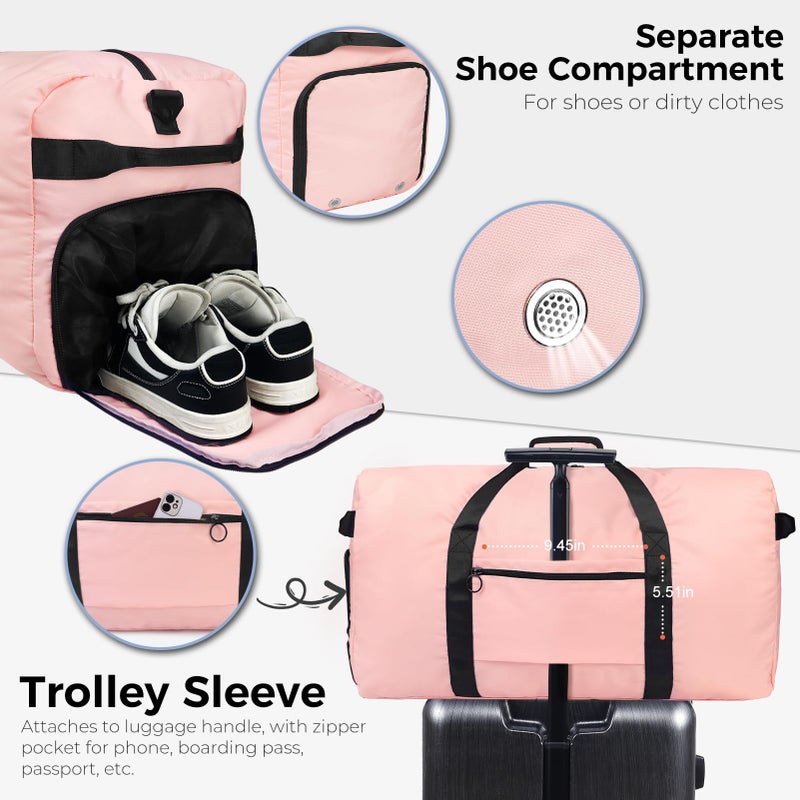 Fmeida 65L Duffle Bag with Shoes Compartment, Foldable Travel Duffel Bags for Men Women, Large Packable Travel Bag Water Repellent & Tear Resistant (Light Pink) - Image 5