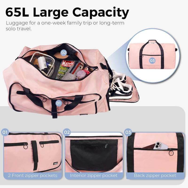 Fmeida 65L Duffle Bag with Shoes Compartment, Foldable Travel Duffel Bags for Men Women, Large Packable Travel Bag Water Repellent & Tear Resistant (Light Pink) - Image 4