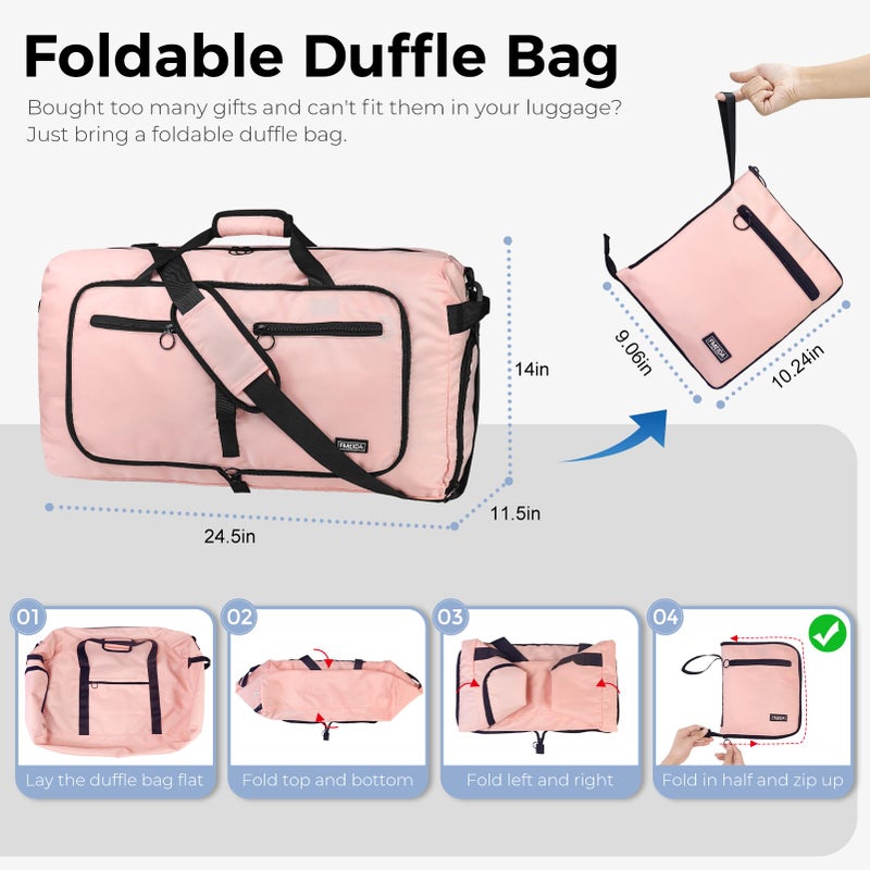 Fmeida 65L Duffle Bag with Shoes Compartment, Foldable Travel Duffel Bags for Men Women, Large Packable Travel Bag Water Repellent & Tear Resistant (Light Pink) - Image 3