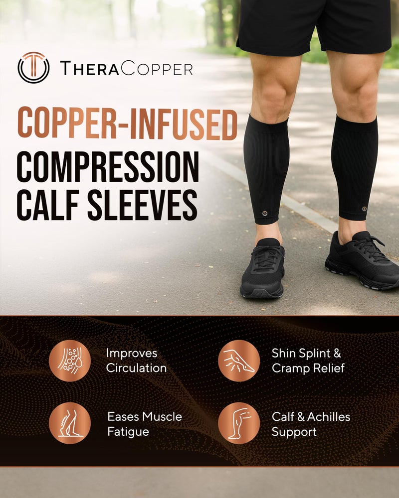 TheraCopper Copper Calf Compression Sleeve â€” Premium Copper Compression Shin Sleeve for Men & Women â€” Breathable & Non-Slip Leg Sleeves for Runners, Shin Splints, Muscle Recovery & Leg Fatigue - Image 2