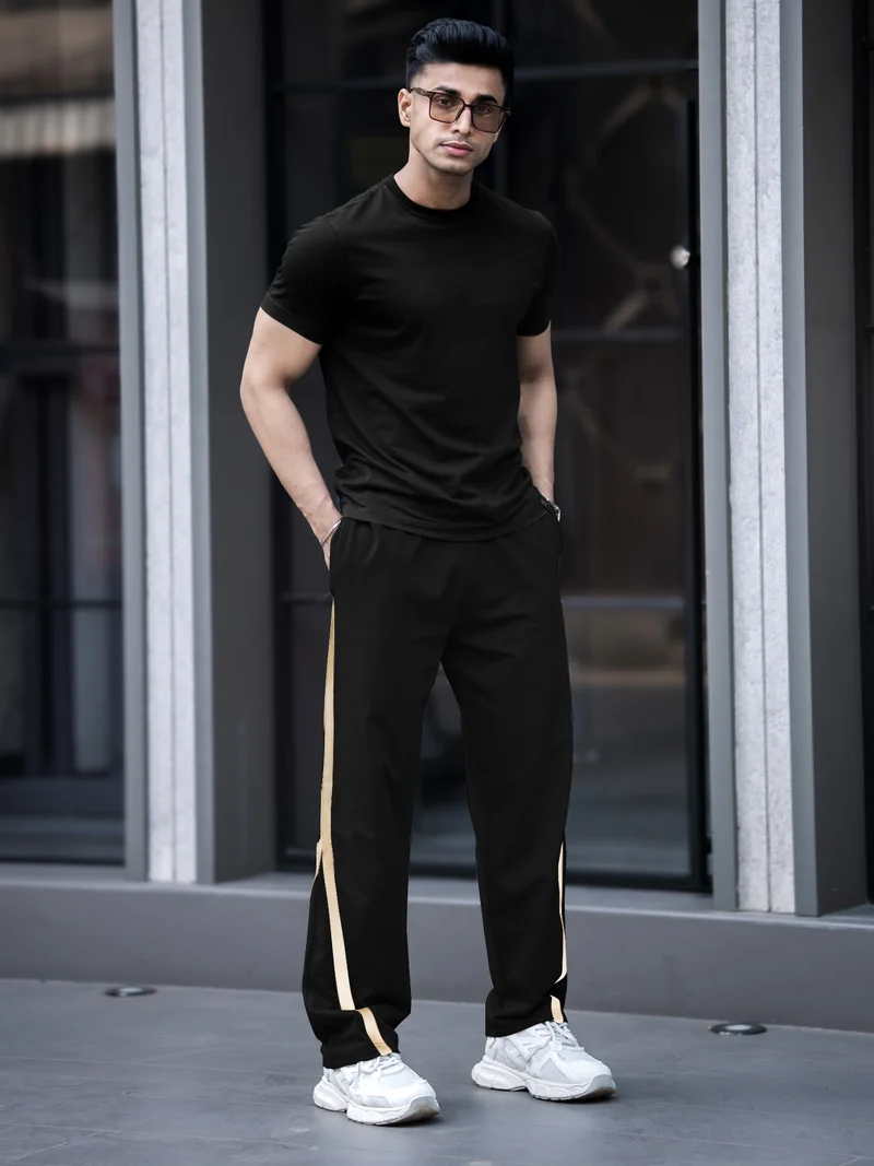 Maniac Maniac Mens Color Block Black and HalfWhite Color Baggy Fit Pant