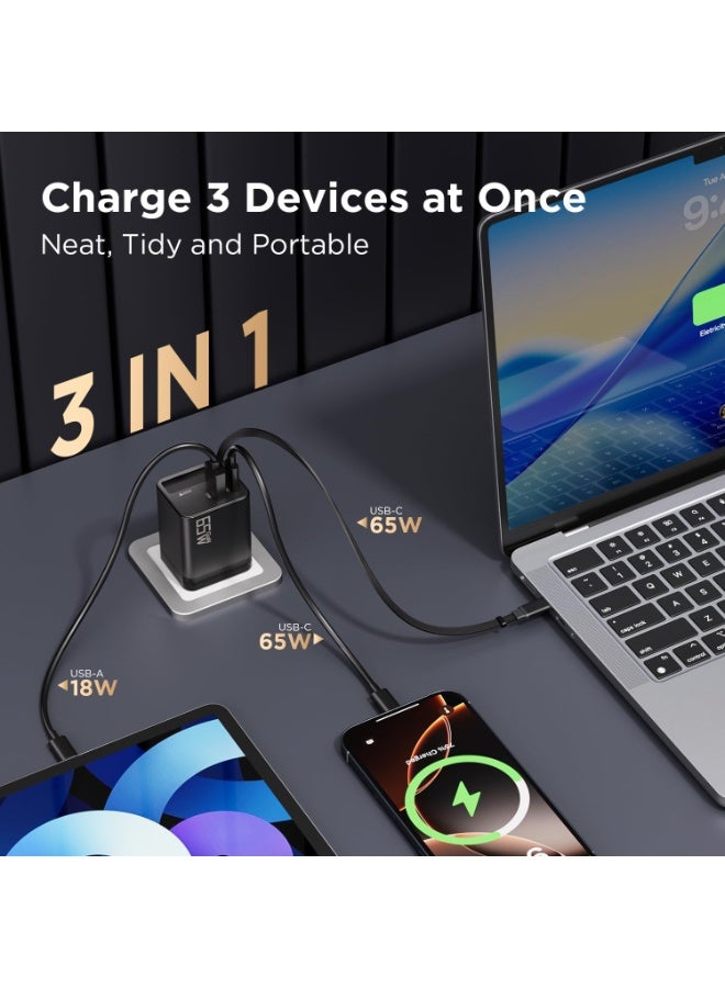 Luttec 65W Retractable Wall Charger, USB C Charger Block Built-in Type C Cable & Dual Port, PD PPS Fast Charging GaN Power Adapter Travel Charger for MacBook,Lenovo IdeaPad,iPhone 17 Pro Max,Galaxy S24，Compact and Portable, Safe and Durable - Image 5