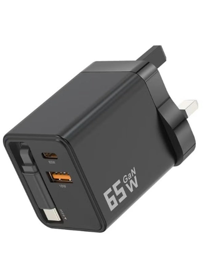 Luttec 65W Retractable Wall Charger, USB C Charger Block Built-in Type C Cable & Dual Port, PD PPS Fast Charging GaN Power Adapter Travel Charger for MacBook,Lenovo IdeaPad,iPhone 17 Pro Max,Galaxy S24，Compact and Portable, Safe and Durable - Image 1