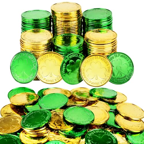 Qumenan 168 PCS St Patricks Day Coins Plastic Gold and Green St Patricks Day Coins Decorations Party Lucky Patrick Shamrock Leprechaun Clover Favors for Irish Supplies - Image 1