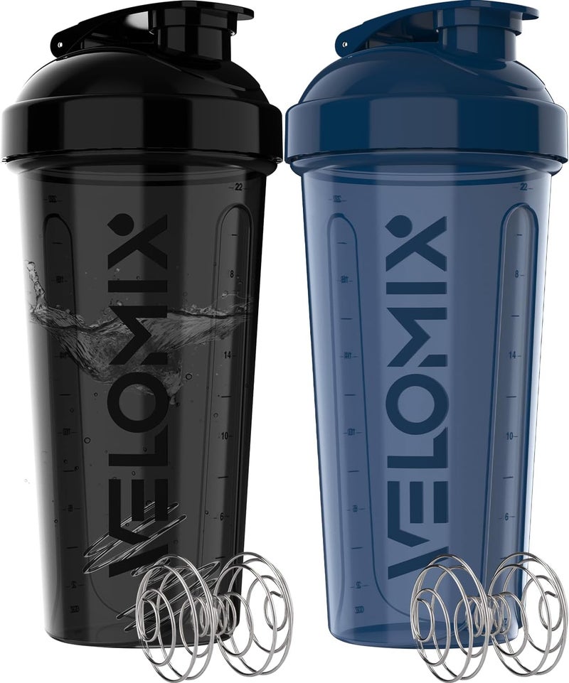 VELOMIX -2 Pack- 28 oz Protein Shaker Bottles for Protein Mixes - 2x Wire Whisk | Leak Proof Shaker Cups for Protein Shakes | Protein Shaker Bottle Pack | Shakers for Protein Shakes-Blue&Black - Image 1