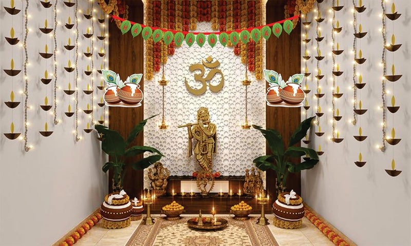 Creative Props Janamastmi Decoration Paper Cut-Out with Decorative Archway for Home and Temple Decoration of Krishna Laddu Gopal Including Shri Radhe,Peacock, Parrot, Matki, Medium Size 17 Pcs - Image 5
