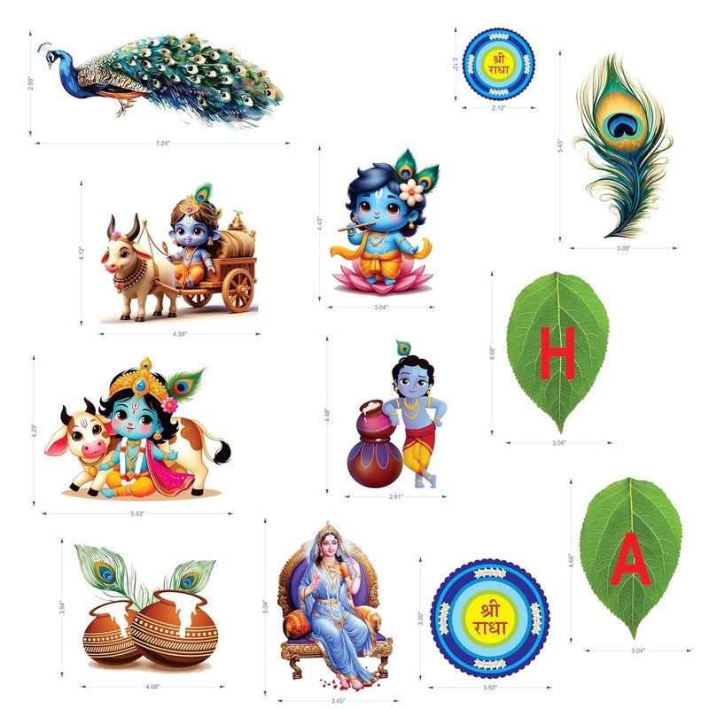 Creative Props Janamastmi Decoration Paper Cut-Out with Decorative Archway for Home and Temple Decoration of Krishna Laddu Gopal Including Shri Radhe,Peacock, Parrot, Matki, Medium Size 17 Pcs - Image 2