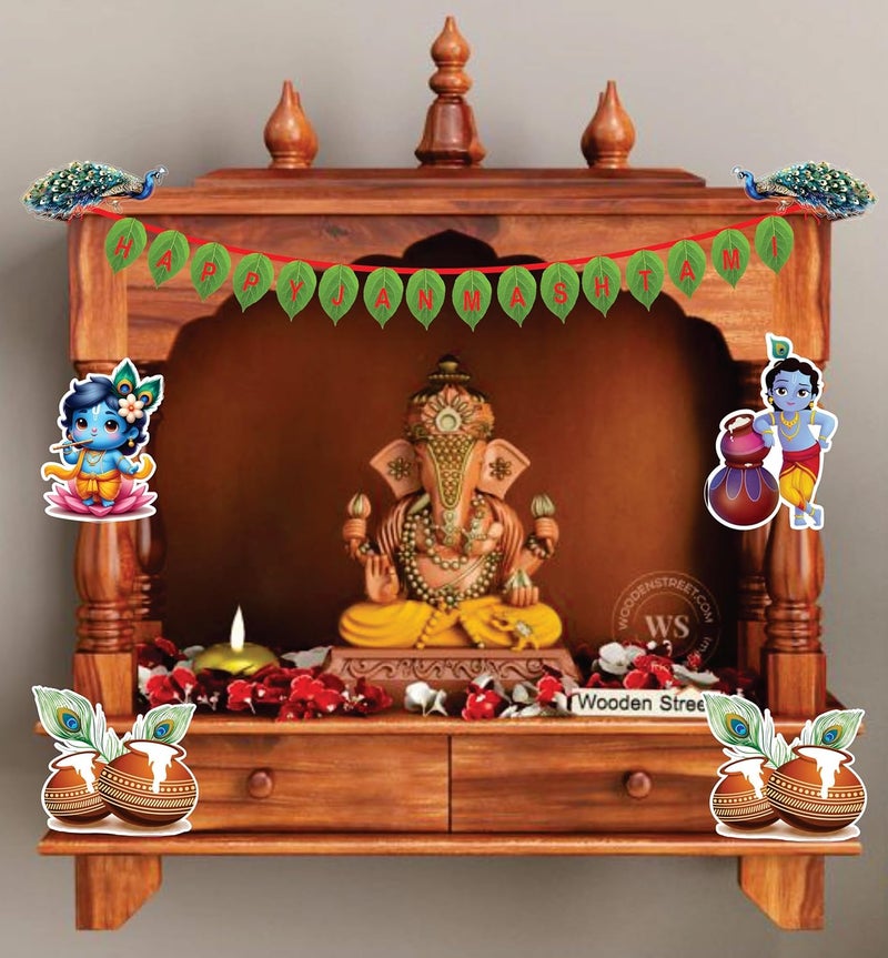 Creative Props Janamastmi Decoration Paper Cut-Out with Decorative Archway for Home and Temple Decoration of Krishna Laddu Gopal Including Shri Radhe,Peacock, Parrot, Matki, Medium Size 17 Pcs - Image 4