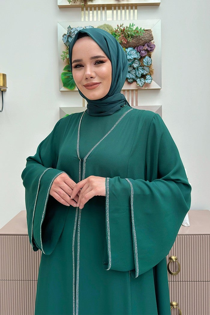 Bym Fashion Stone Embroidery Detailed Dress Abaya Suit 3873 Emerald  - Image 4