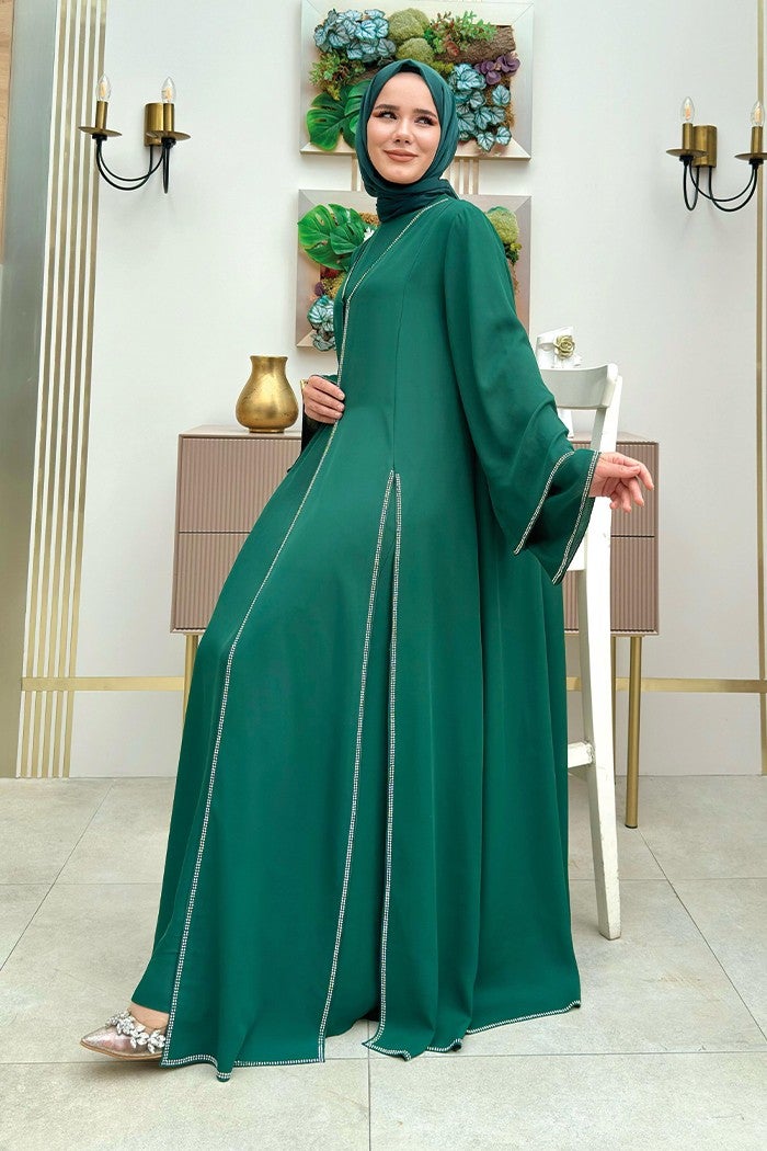Bym Fashion Stone Embroidery Detailed Dress Abaya Suit 3873 Emerald  - Image 3