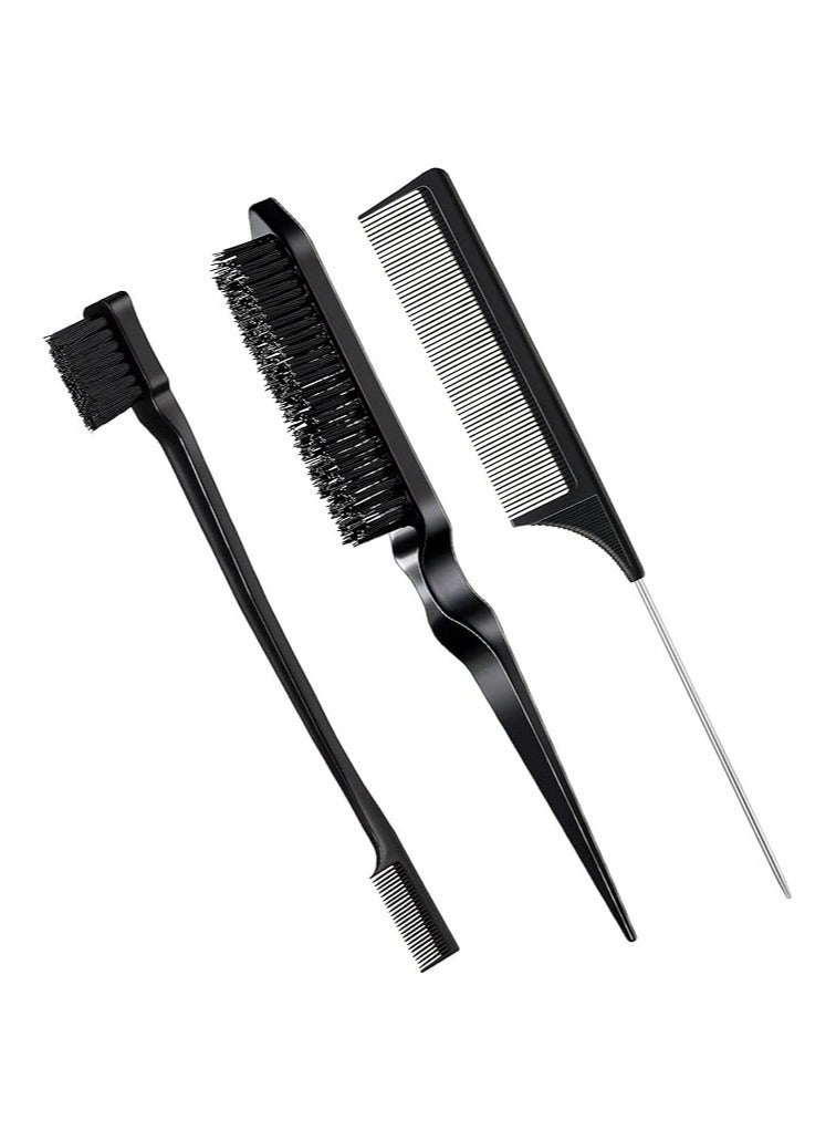 3 Pcs Slick Brush Set Bristle Hair Brush Teasing Comb Edge Hair Brush Grooming Combs Sturdy Rat Tail Comb for Women Babies Kids' Hair Black - Image 1