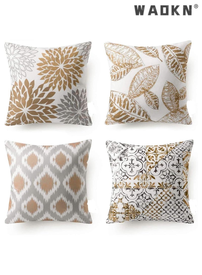 دبليو أيه أو كي أن غطاء وسادة من الكتان بنقشة زهور تجريدية هندسية بسيطة، غطاء وسادة أريكة مخملي بنقشة زهور تجريدية، لون أزرق وأخضر منعش، غطاء وسادة - Image 1