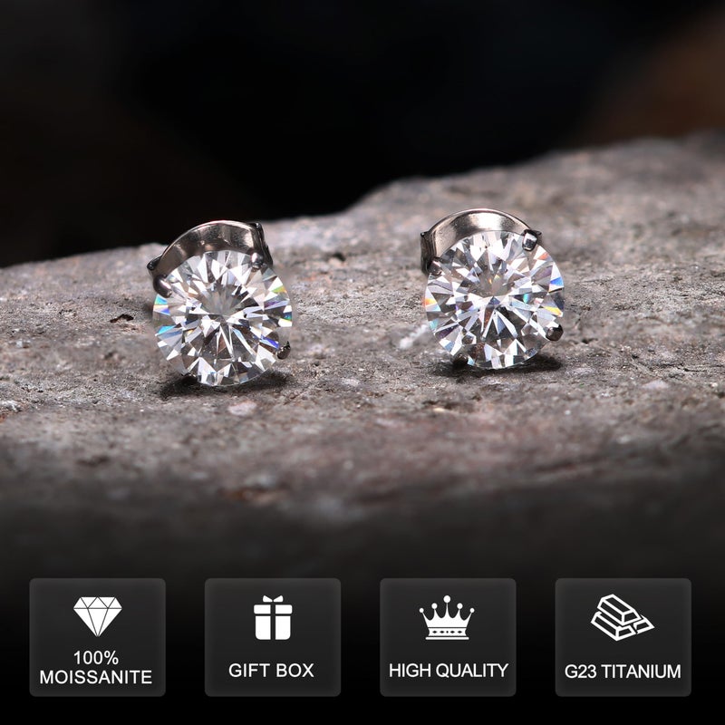 GEMQUEEN Moissanite Earrings Studs : G23 Titanium Stud Earring for Women Men Hypoallergenic Dainty Moissanite Jewelry for Sensitive Ear Round Cut D Color VVS1 Clarity 2CT - Image 2