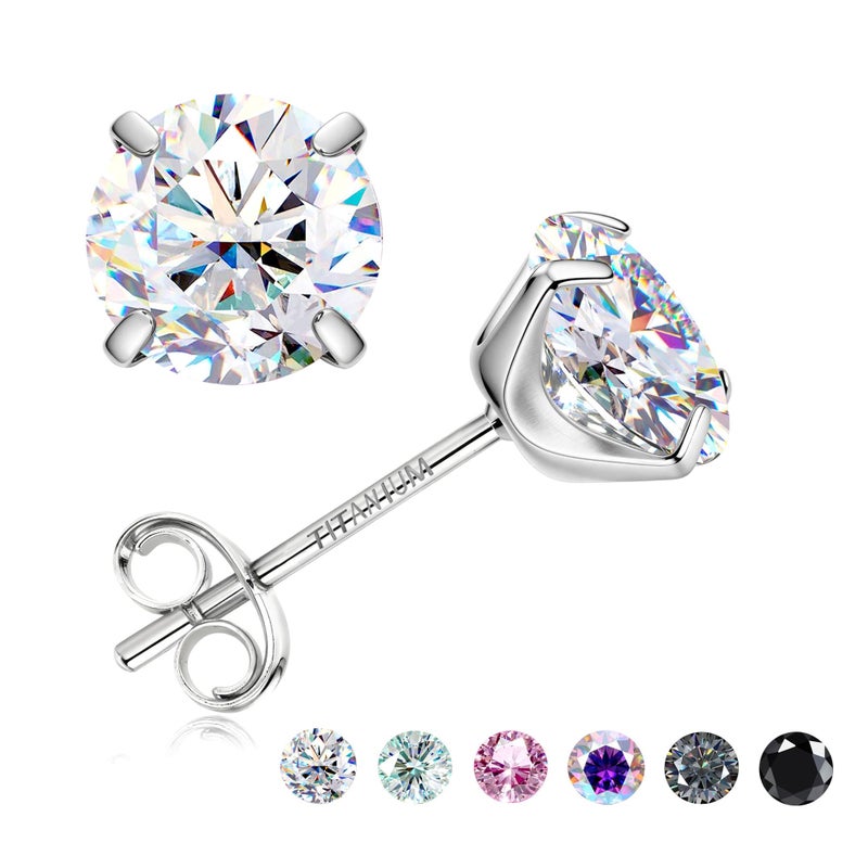 GEMQUEEN Moissanite Earrings Studs : G23 Titanium Stud Earring for Women Men Hypoallergenic Dainty Moissanite Jewelry for Sensitive Ear Round Cut D Color VVS1 Clarity 2CT - Image 1
