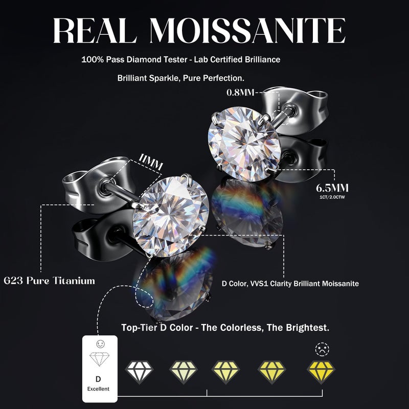 GEMQUEEN Moissanite Earrings Studs : G23 Titanium Stud Earring for Women Men Hypoallergenic Dainty Moissanite Jewelry for Sensitive Ear Round Cut D Color VVS1 Clarity 2CT - Image 5