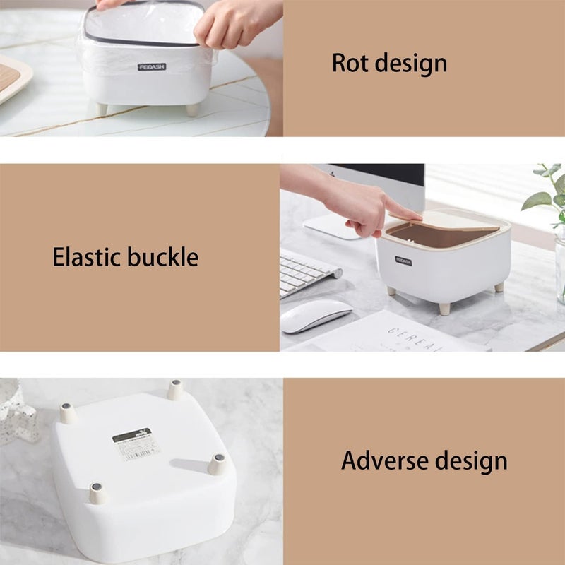 JUVIW NonSlip Mini Trash Can Storage Bucket with Lid for 2L Plastic Office Kitchen Table Dustbin Desktop Waste Basket with Lid for Study Table Bathroom Vanity 05 Gallon White Square - Image 2
