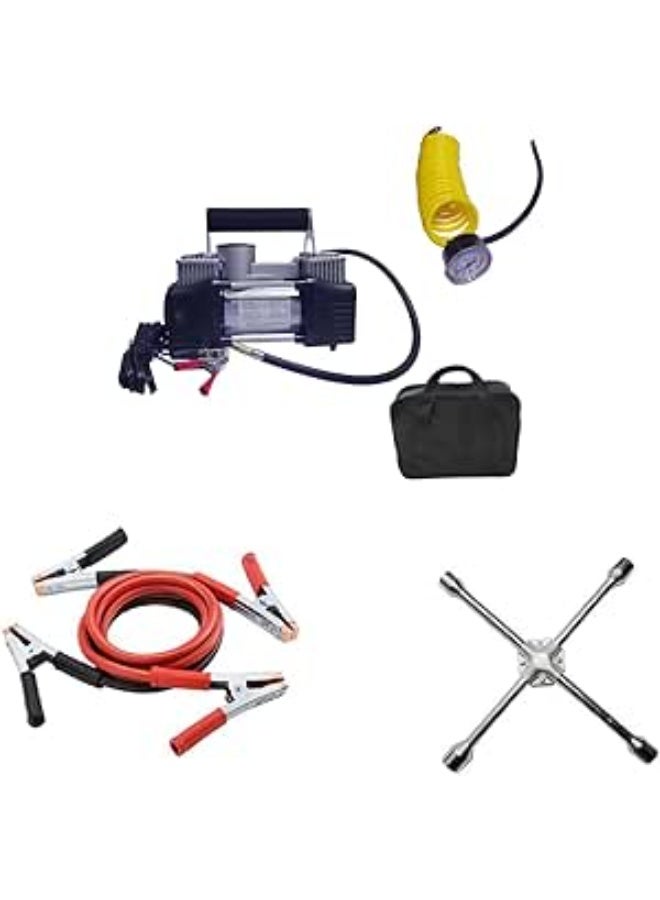 Car Air Compressor - Powerful 2 Cylinders Heavy Duty Tire Inflator - Includes Battery Cable & Precise Pressure Gauge for All Vehicles