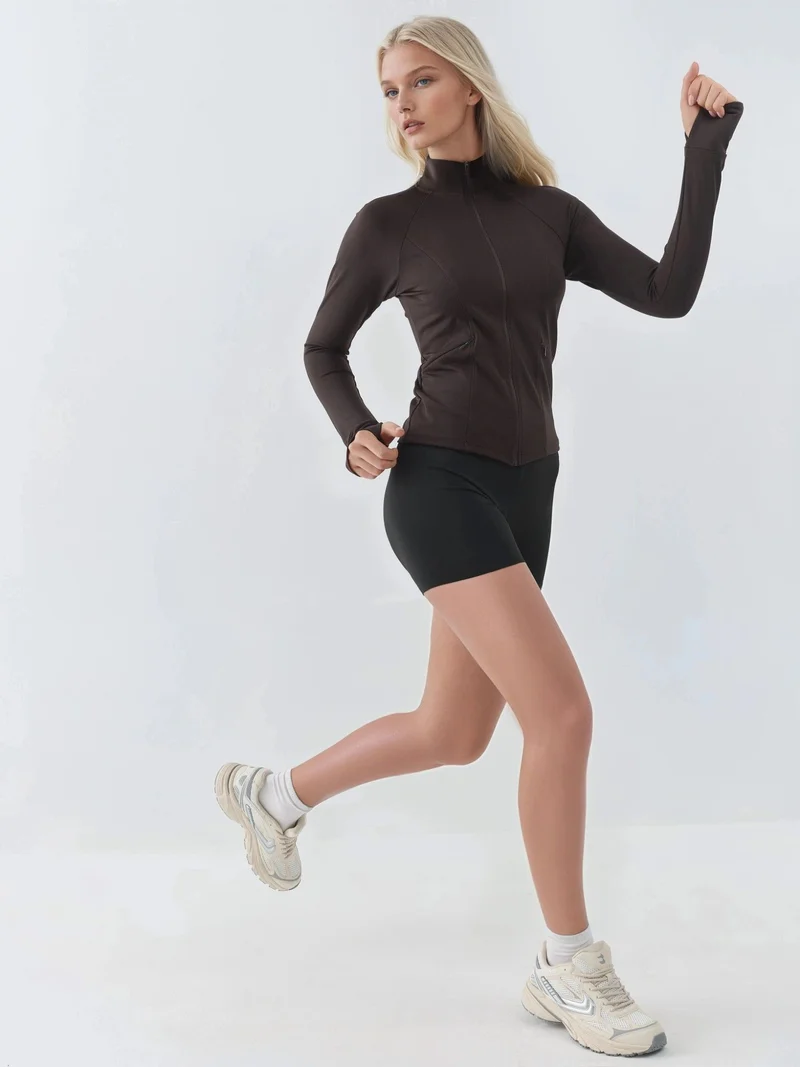 HICCUP Dark Mocha Brown Fitted Knitted Turtleneck Active Top for Women | Best Price UAE