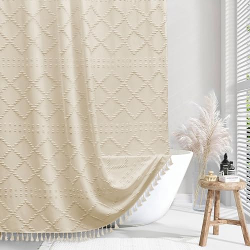 Siiluminisoy Boho Farmhouse Shower Curtain Woven Fabric Cream/Beige Shower Curtain, 72 x 72 Tufted Chevron Textured Striped Modern Minimalist Cloth Shower Curtains for Bathroom - Image 1