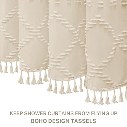 Siiluminisoy Boho Farmhouse Shower Curtain Woven Fabric Cream/Beige Shower Curtain, 72 x 72 Tufted Chevron Textured Striped Modern Minimalist Cloth Shower Curtains for Bathroom - Image 3