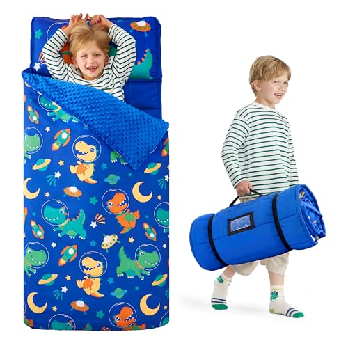 JOIEDOMI Toddler Sleeping Bag for Kids 55x30 Nap Mat with Removable Pillow and Minky Blanket for Toddler Ages 37 Roll Up Kids Sleeping Bag for Boys Girls Kindergarten Daycare Sleepover Dinosaur - Image 1
