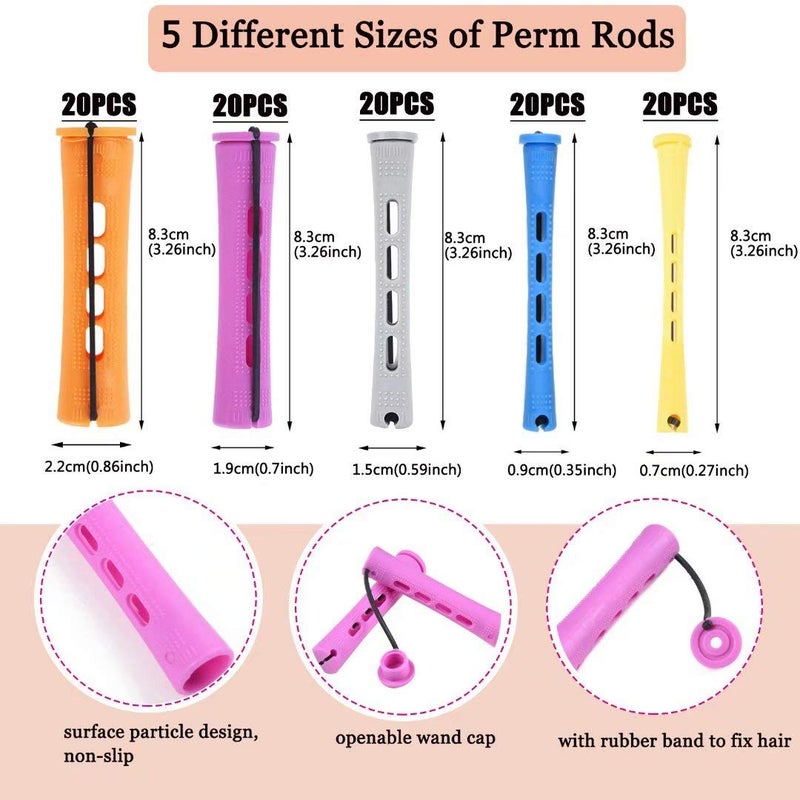 Alimiriam 100Pcs Perm Rods Set - 5 Sizes Cold Wave Rollers For Natural Curling Styling And Hairdressing (Orange Purple Gray Blue Yellow) - Image 3