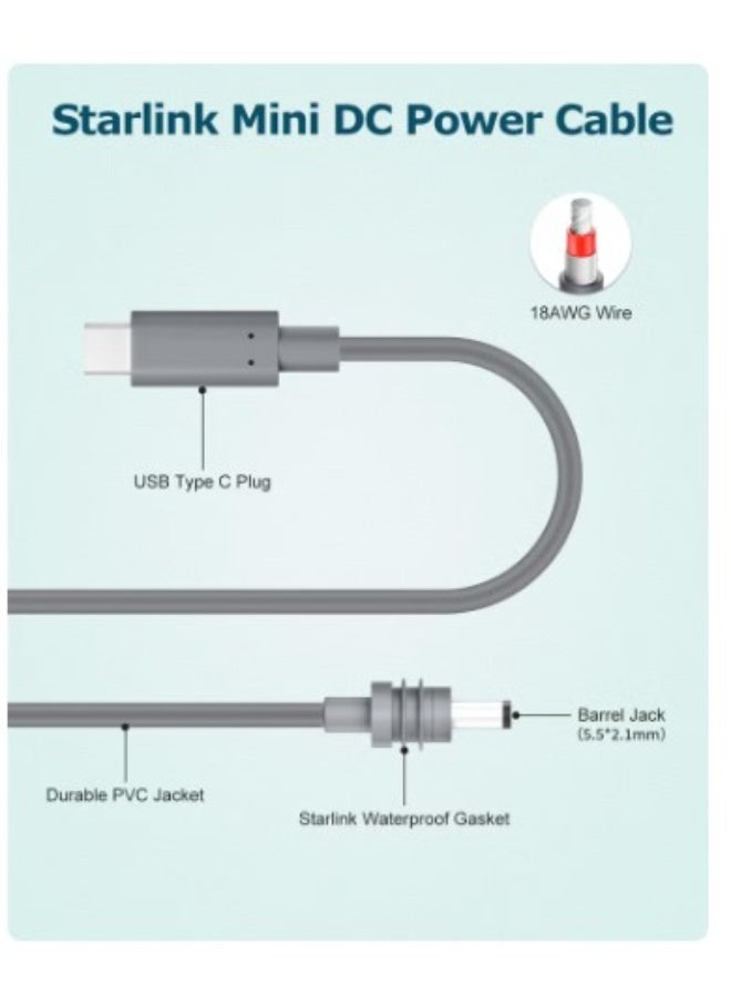 Terabyte Starlink Mini Cable 10FT Starlink Mini USB C to DC Power Cable 18AWG PD 100W Input USB Type C to Barrel Power Cord 5.5 * 2.1mm Compatible with Power Bank 100W+ PD Source Waterproof Gray 10FT/3M - Image 3