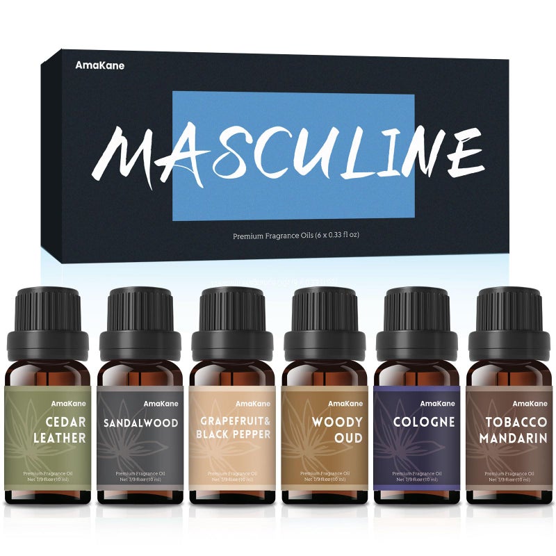 AmaKane Fragrance Oils, Masculine Essential Oils for Men, Candle Scents for Candle Making, Fragrance Oil for Soap Making, Diffuser Oils Scents 6x10 ml, Sandalwood, Cedar Leather, Woody Oud, More - Image 1