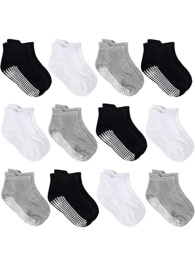 12 Pairs Anti Slip Baby Ankle Socks with Non Skid Grips for Toddler Kids Boys Girls (12Pairs - Black,White,Grey, 1-3 Years) - Image 1
