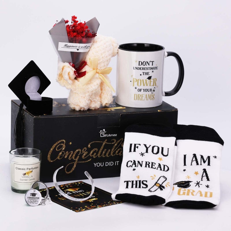 GiftAmaz 2025 Graduation Gifts Set for Her Congrats Grad Gift Basket for College or High School Class Include Coffee Mug Bracelet Graduation Gift Box for Graduated Women Congratulations