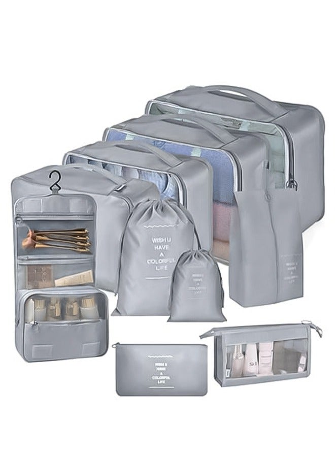 10 Set Packing Cubes for Suitcases, Travel Luggage Organizer, Travel Packing Kit with Clothes Storage Bag & Shoes Bag & Toiletry Bag & Underwear Bag-Black (Grey)