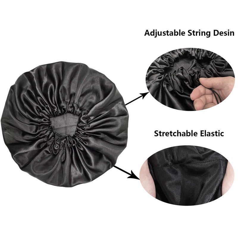 Visen Satin Bonnets, Adjustable Satin Bonnets for Women, Double Layer Large Sleeping Silk Bonnet, Soft Sleep Bonnet for Women Girls Curly Natural Hair Night Sleep Cap(Black) - Image 3