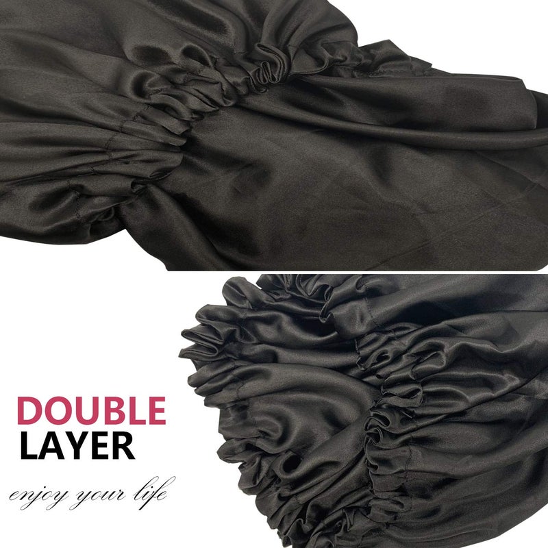 Visen Satin Bonnets, Adjustable Satin Bonnets for Women, Double Layer Large Sleeping Silk Bonnet, Soft Sleep Bonnet for Women Girls Curly Natural Hair Night Sleep Cap(Black) - Image 5