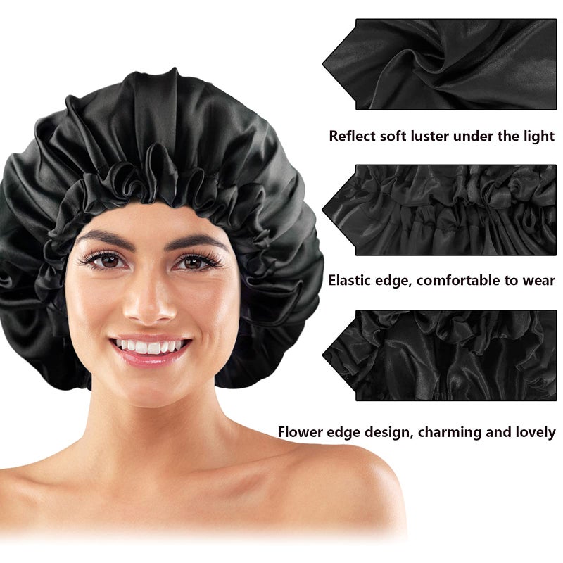 Visen Satin Bonnets, Adjustable Satin Bonnets for Women, Double Layer Large Sleeping Silk Bonnet, Soft Sleep Bonnet for Women Girls Curly Natural Hair Night Sleep Cap(Black) - Image 2